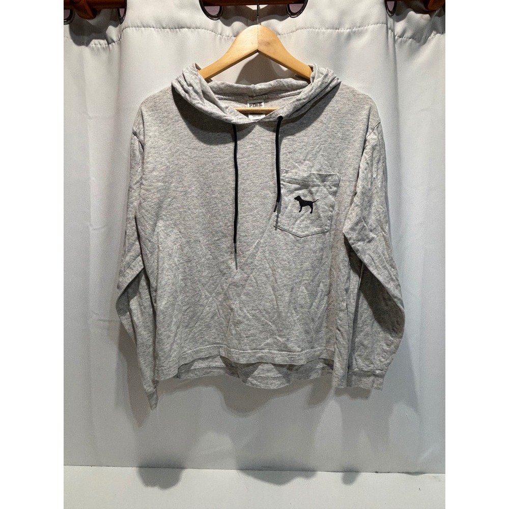 PINK Victoria's Secret Hoodie Women Small Gray Checkered Dog Graphic T-Shirt
